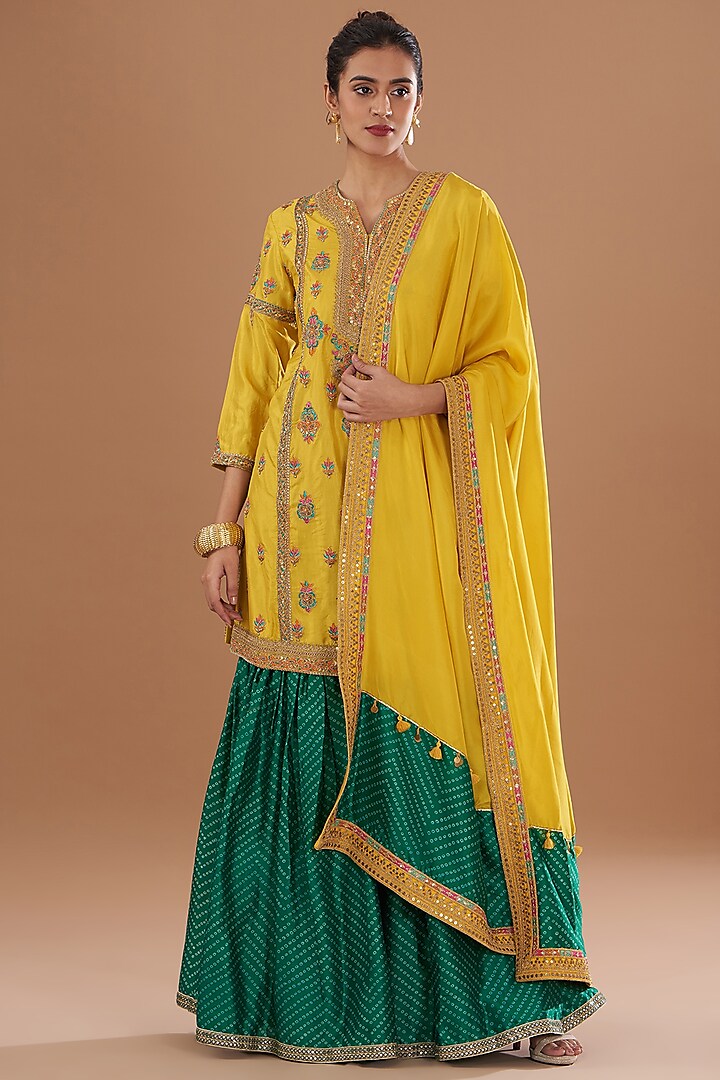 Green Silk Bandhani Sharara Set by Debyani