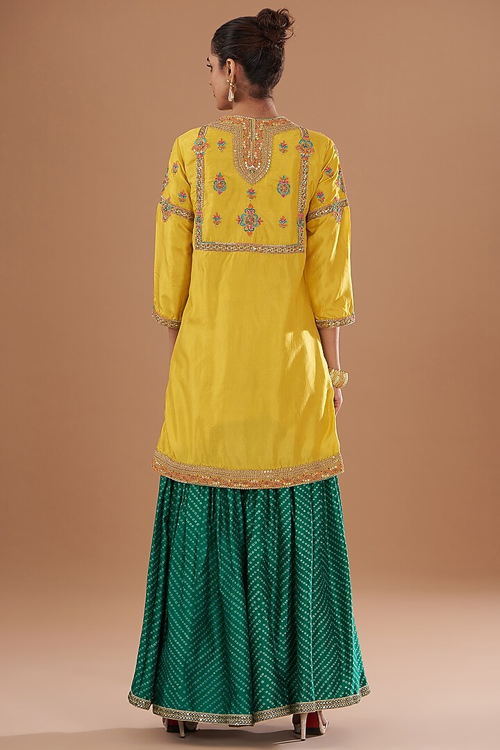 Green Silk Bandhani Bridal Sharara Set by Debyani at Pernia's Pop Up Shop