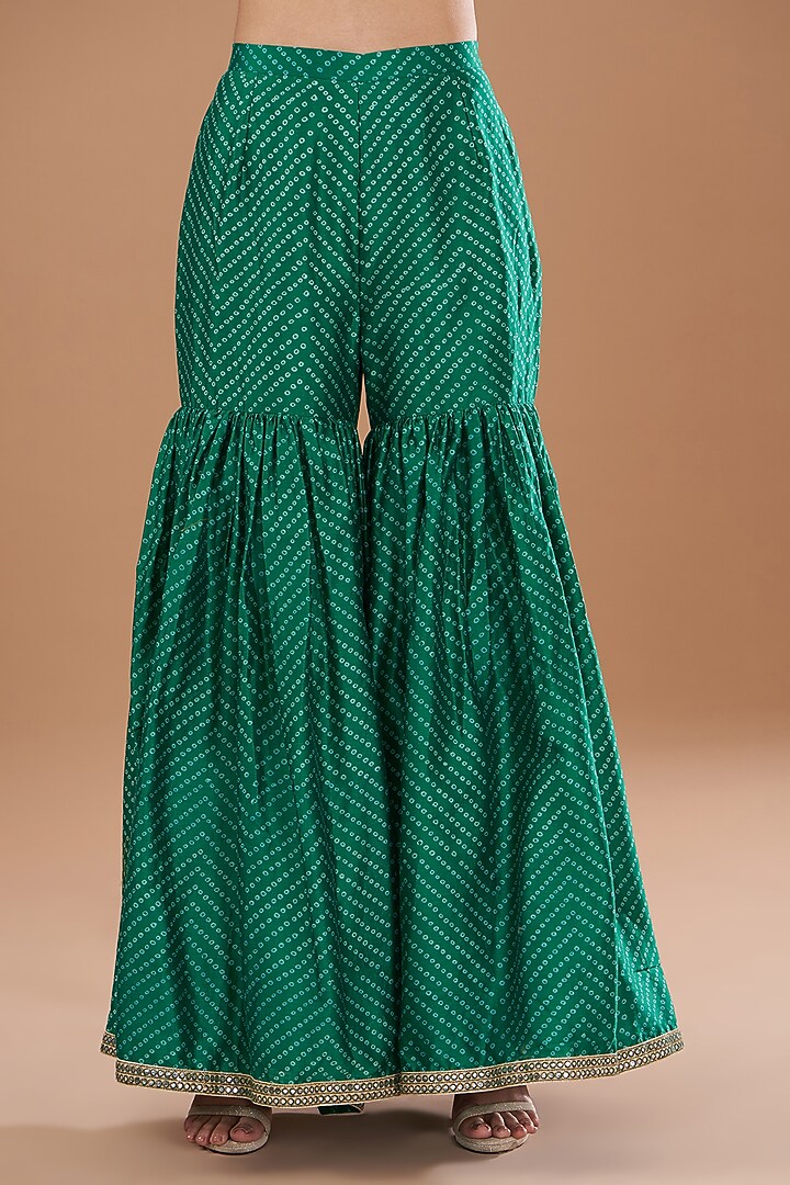 Green Silk Bandhani Bridal Sharara Set by Debyani at Pernia's Pop Up Shop