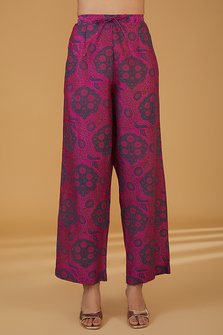 Rani Pink Chanderi Silk Printed & Zari Embroidered Kurta Set by Debyani at Pernia's Pop Up Shop