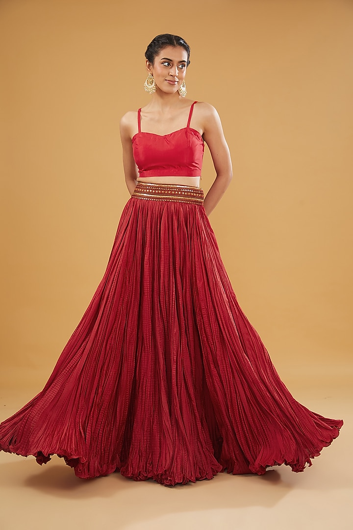 Red Tissue Crushed Skirt Set by Debyani at Pernia's Pop Up Shop