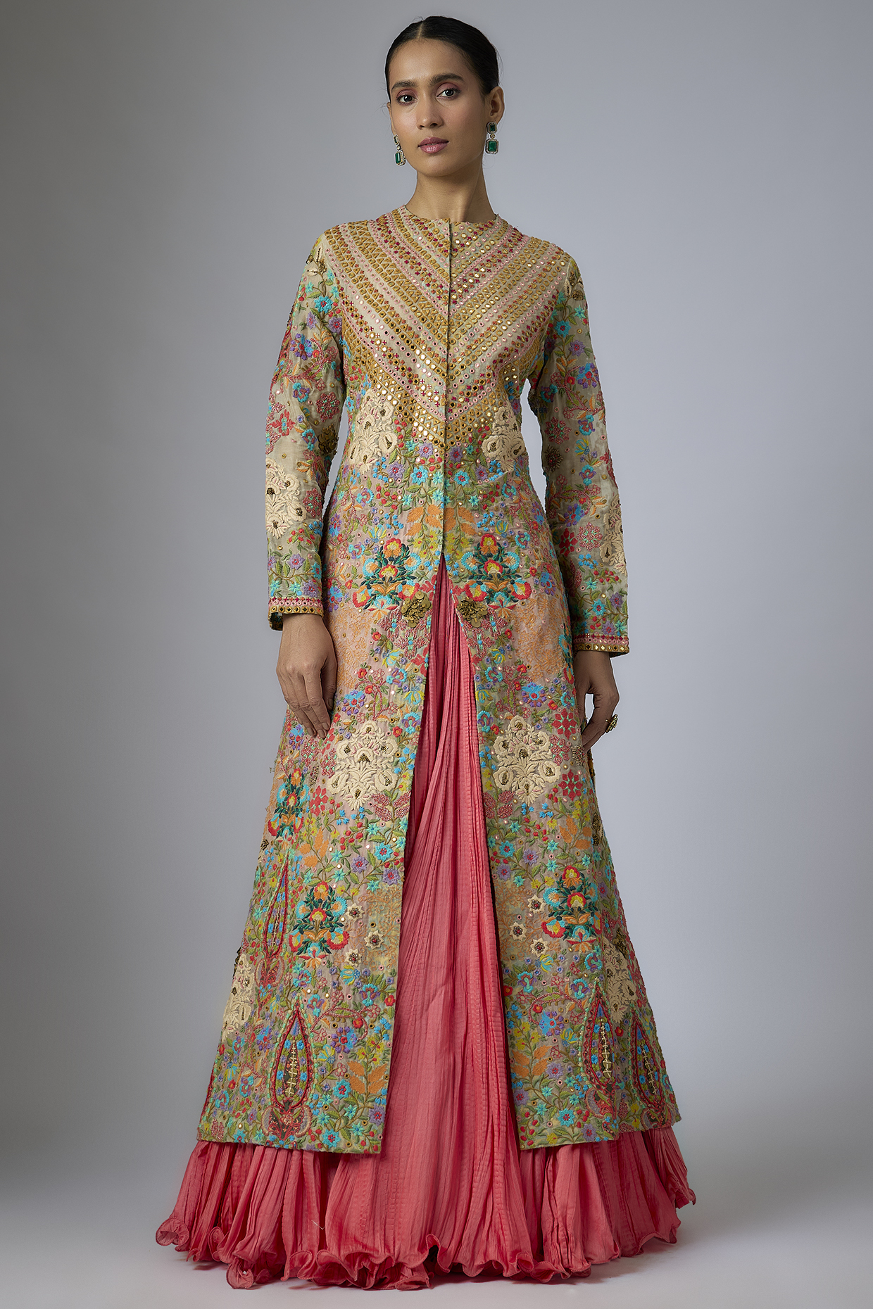 Multi-Colored Organza Abstract Printed & Mirror Embroidered Long Jacket Set by Debyani at Pernia's Pop Up Shop