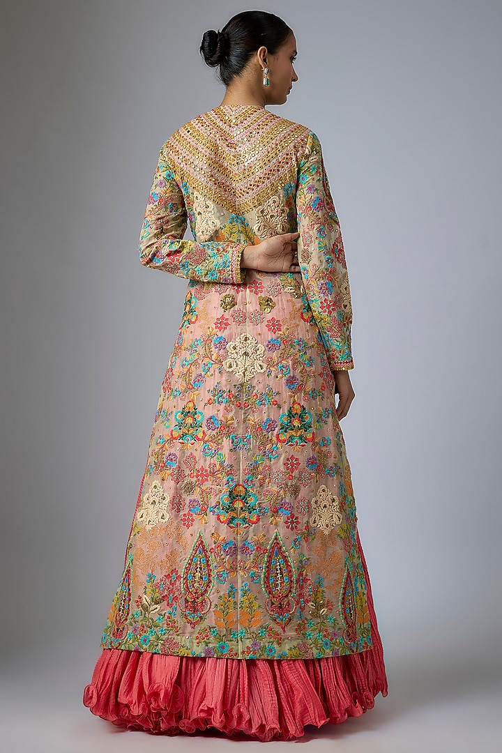 Multi-Colored Organza Abstract Printed & Mirror Embroidered Long Jacket Set by Debyani at Pernia's Pop Up Shop