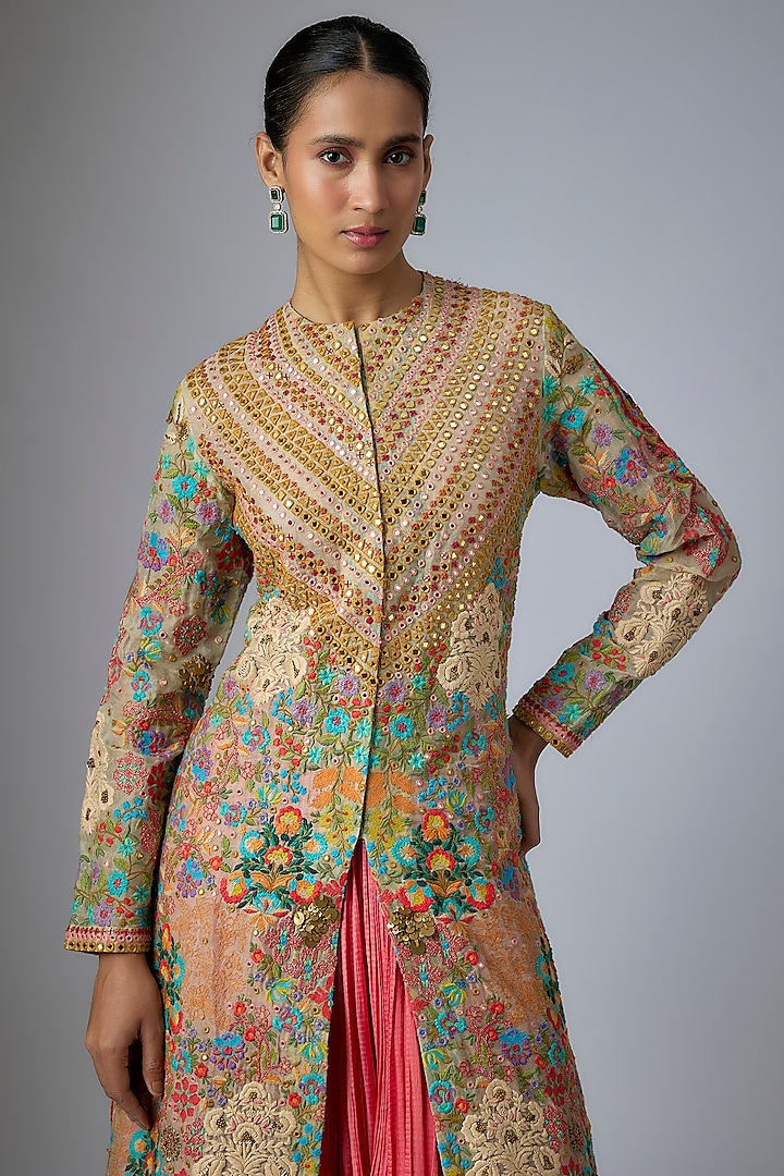 Multi-Colored Organza Abstract Printed & Mirror Embroidered Long Jacket Set by Debyani at Pernia's Pop Up Shop