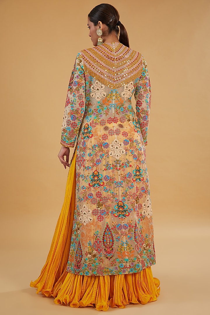 Multi-Colored Organza & Chanderi Silk Machine Embroidered Jacket Set by Debyani at Pernia's Pop Up Shop
