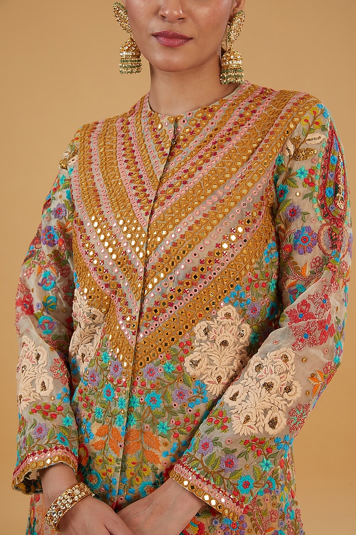 Multi-Colored Organza & Chanderi Silk Machine Embroidered Jacket Set by Debyani at Pernia's Pop Up Shop