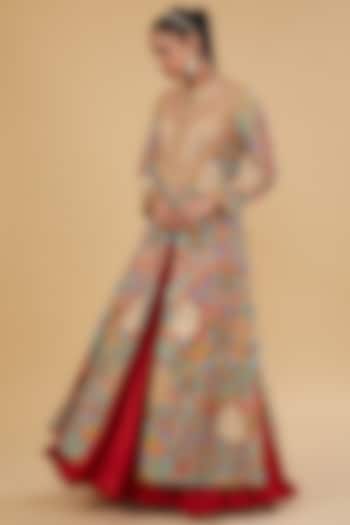 Powder Pink Organza & Chanderi Silk Mirror Work Long Jacket Set by Debyani at Pernia's Pop Up Shop