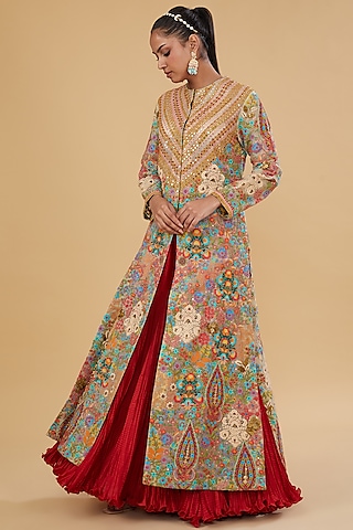Powder Pink Organza & Chanderi Silk Mirror Work Long Jacket Set by Debyani