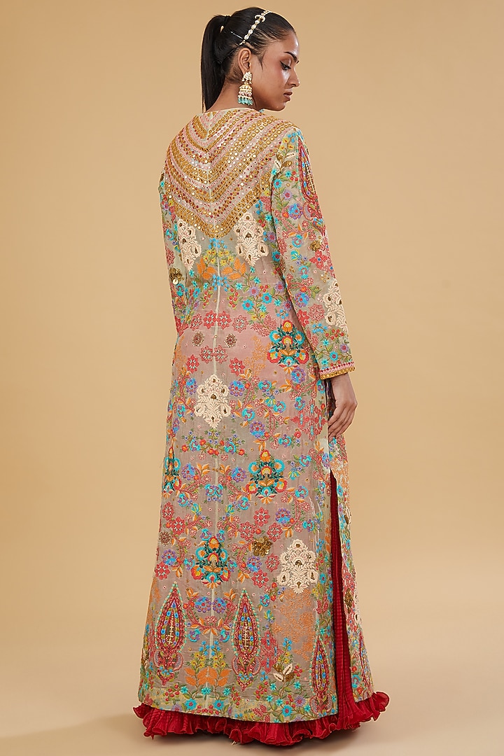 Powder Pink Organza & Chanderi Silk Mirror Work Long Jacket Set by Debyani at Pernia's Pop Up Shop