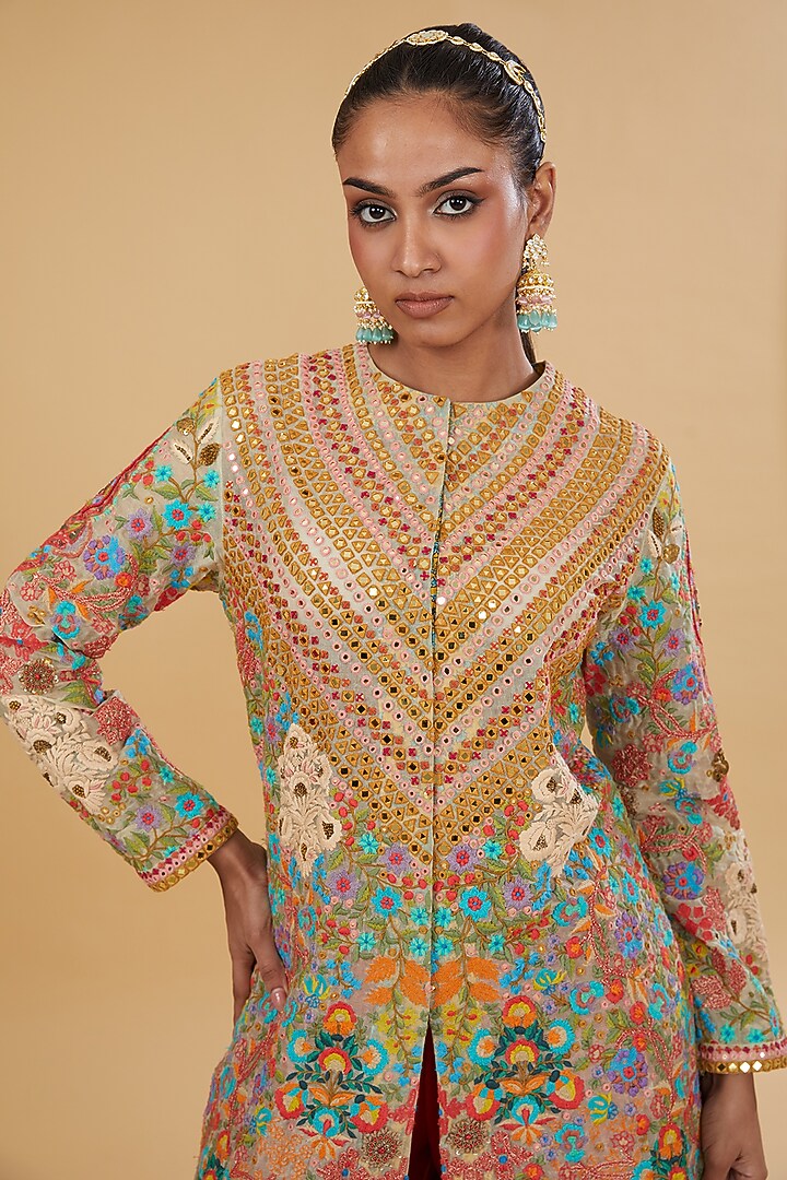 Powder Pink Organza & Chanderi Silk Mirror Work Long Jacket Set by Debyani at Pernia's Pop Up Shop