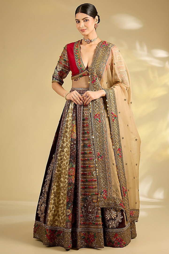 Multi-Colored Silk Hand & Machine Embroidered Bridal Lehenga Set by Debyani at Pernia's Pop Up Shop