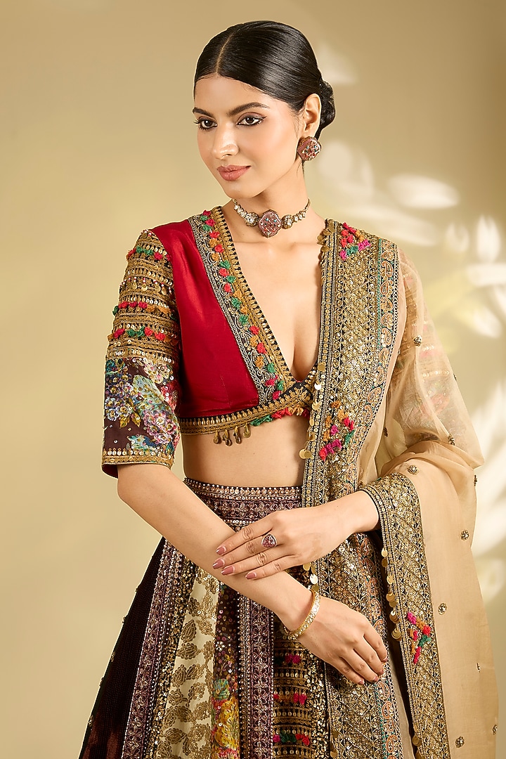 Multi-Colored Silk Hand & Machine Embroidered Bridal Lehenga Set by Debyani at Pernia's Pop Up Shop