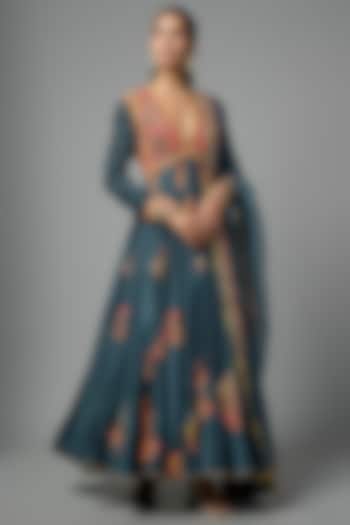 Blue Silk Mirror Hand Embroidered Kalidar Bridal Anarkali Set by Debyani at Pernia's Pop Up Shop