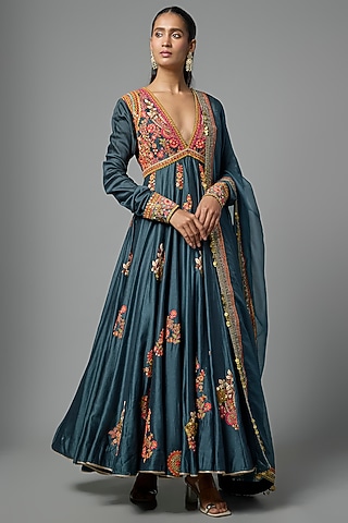 Blue Silk Mirror Hand Embroidered Kalidar Anarkali Set by Debyani