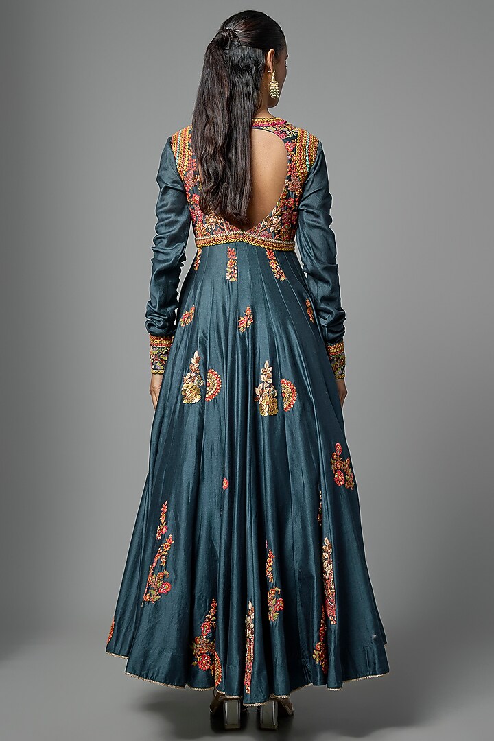 Blue Silk Mirror Hand Embroidered Kalidar Bridal Anarkali Set by Debyani at Pernia's Pop Up Shop