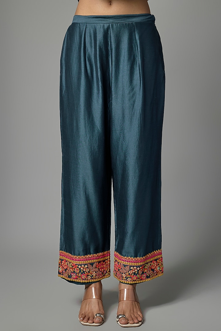 Blue Silk Mirror Hand Embroidered Kalidar Bridal Anarkali Set by Debyani at Pernia's Pop Up Shop