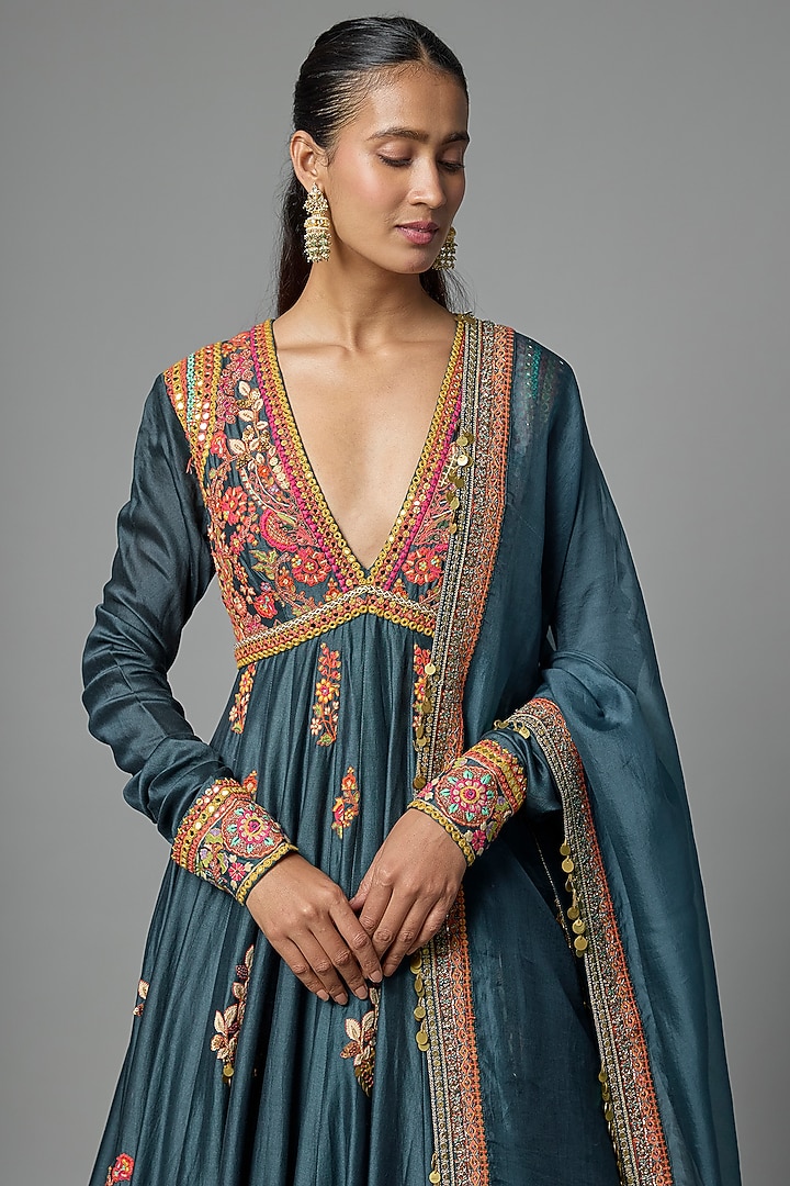 Blue Silk Mirror Hand Embroidered Kalidar Bridal Anarkali Set by Debyani at Pernia's Pop Up Shop