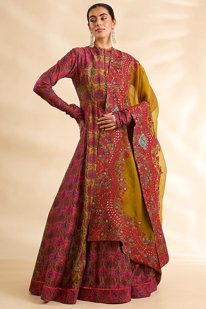 Mustard Silk Hand & Machine Embroidered Bridal Anarkali Set by Debyani at Pernia's Pop Up Shop