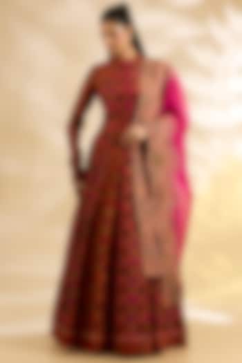 Magenta Pink Silk Printed & Embroidered Bridal Anarkali Set by Debyani at Pernia's Pop Up Shop