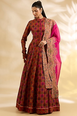 Magenta Pink Silk Printed & Embroidered Anarkali Set by Debyani