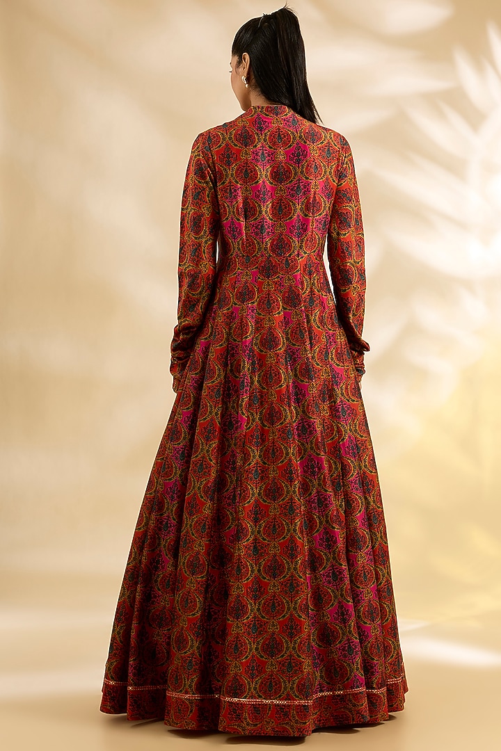 Magenta Pink Silk Printed & Embroidered Bridal Anarkali Set by Debyani at Pernia's Pop Up Shop
