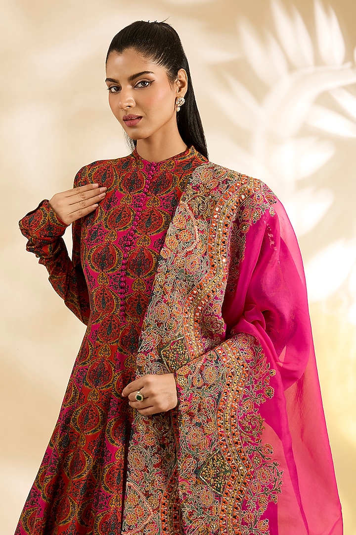 Magenta Pink Silk Printed & Embroidered Bridal Anarkali Set by Debyani at Pernia's Pop Up Shop