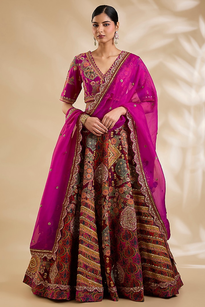 Rani Pink Chanderi Hand & Machine Embroidered Bridal Lehenga Set by Debyani at Pernia's Pop Up Shop