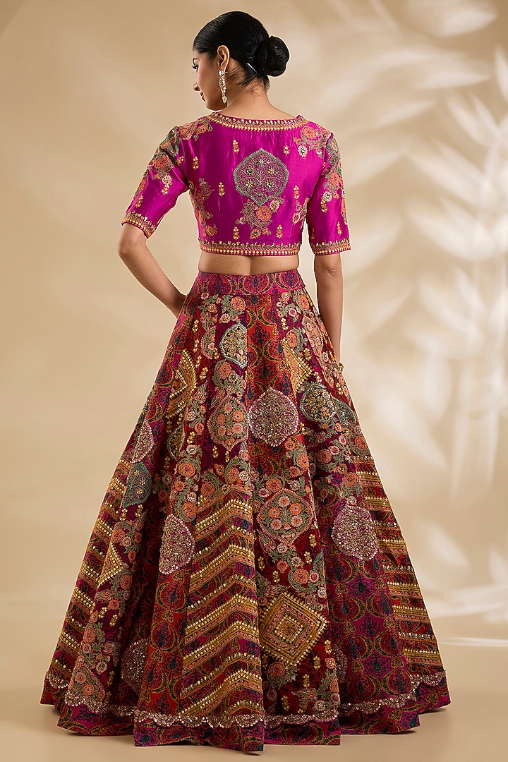Rani Pink Chanderi Hand & Machine Embroidered Bridal Lehenga Set by Debyani at Pernia's Pop Up Shop