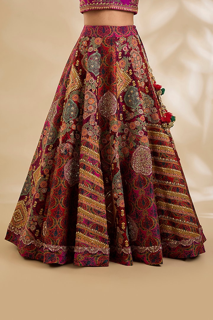 Rani Pink Chanderi Hand & Machine Embroidered Bridal Lehenga Set by Debyani at Pernia's Pop Up Shop