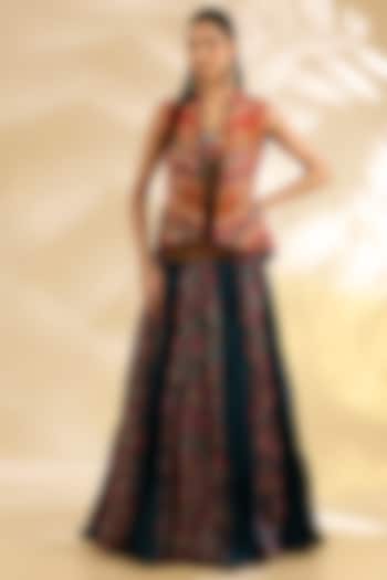 Blue Silk Abstract Printed & Embroidered Crinkle Skirt Set by Debyani at Pernia's Pop Up Shop