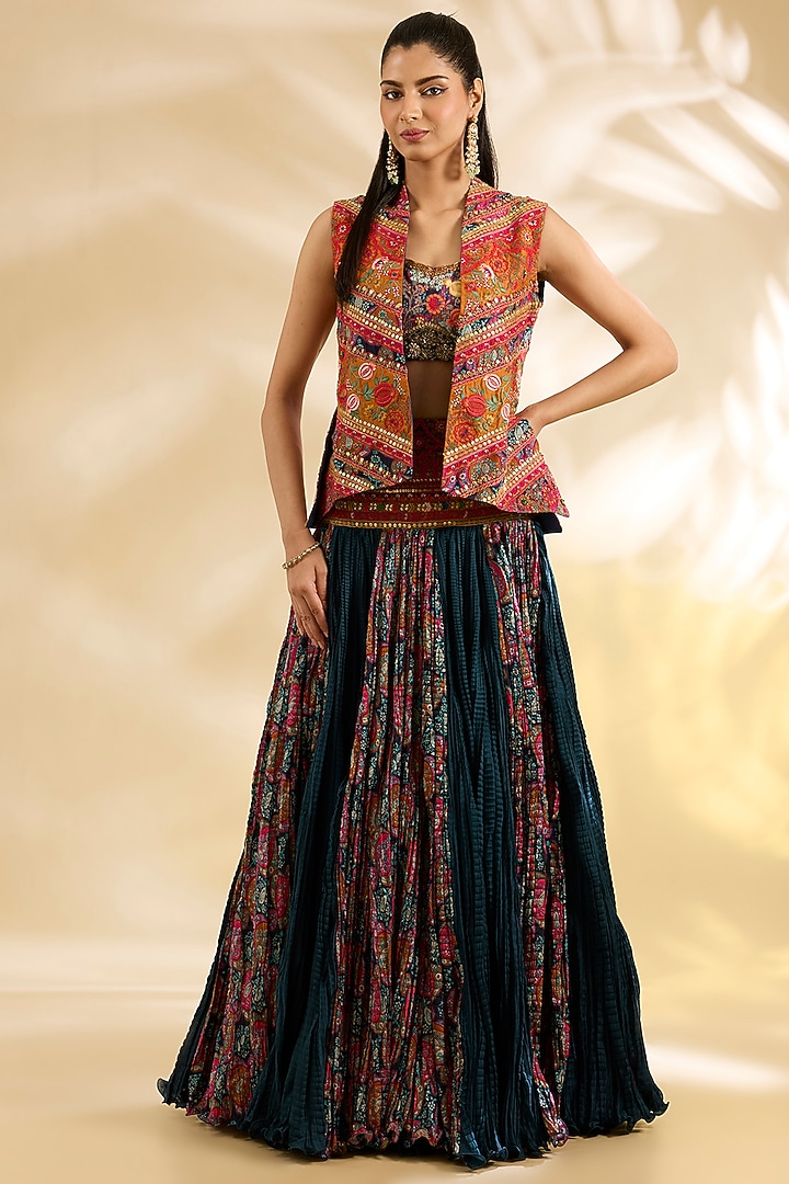 Blue Silk Abstract Printed & Embroidered Crinkle Skirt Set by Debyani at Pernia's Pop Up Shop