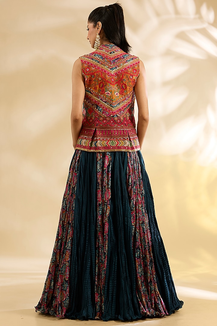 Blue Silk Abstract Printed & Embroidered Crinkle Skirt Set by Debyani at Pernia's Pop Up Shop