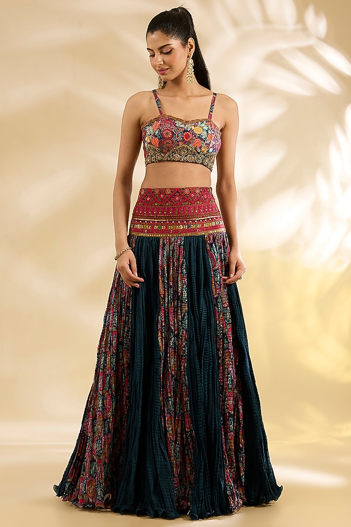 Blue Silk Abstract Printed & Embroidered Crinkle Skirt Set by Debyani at Pernia's Pop Up Shop