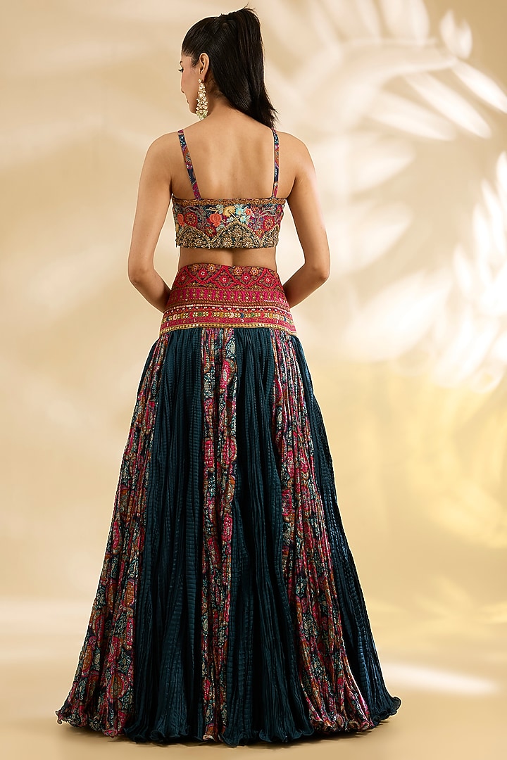 Blue Silk Abstract Printed & Embroidered Crinkle Skirt Set by Debyani at Pernia's Pop Up Shop