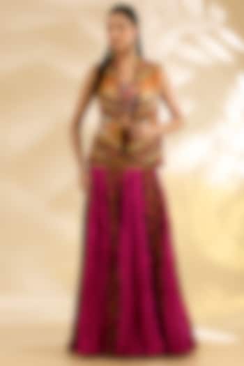 Magenta Silk Abstract Printed Crinkle Skirt Set by Debyani at Pernia's Pop Up Shop