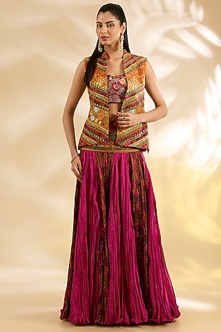 Magenta Silk Abstract Printed Crinkle Skirt Set by Debyani