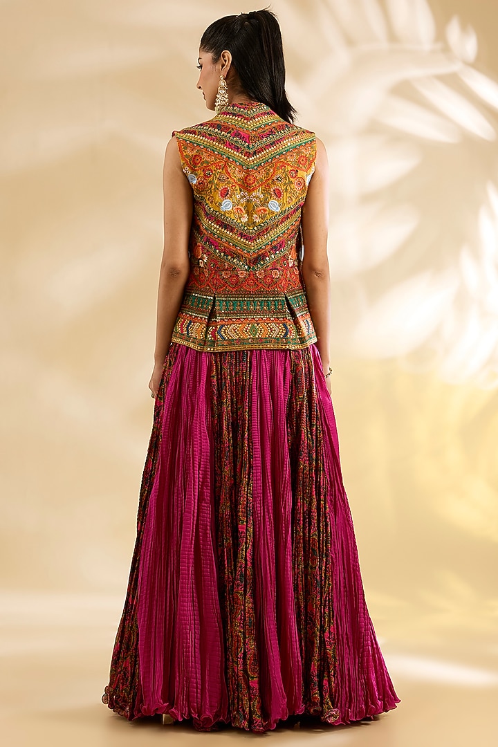 Magenta Silk Abstract Printed Crinkle Skirt Set by Debyani at Pernia's Pop Up Shop