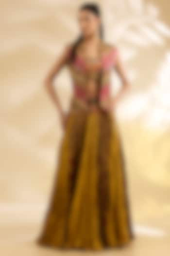 Yellow Silk Abstract Printed & Embroidered Crinkle Skirt Set by Debyani at Pernia's Pop Up Shop