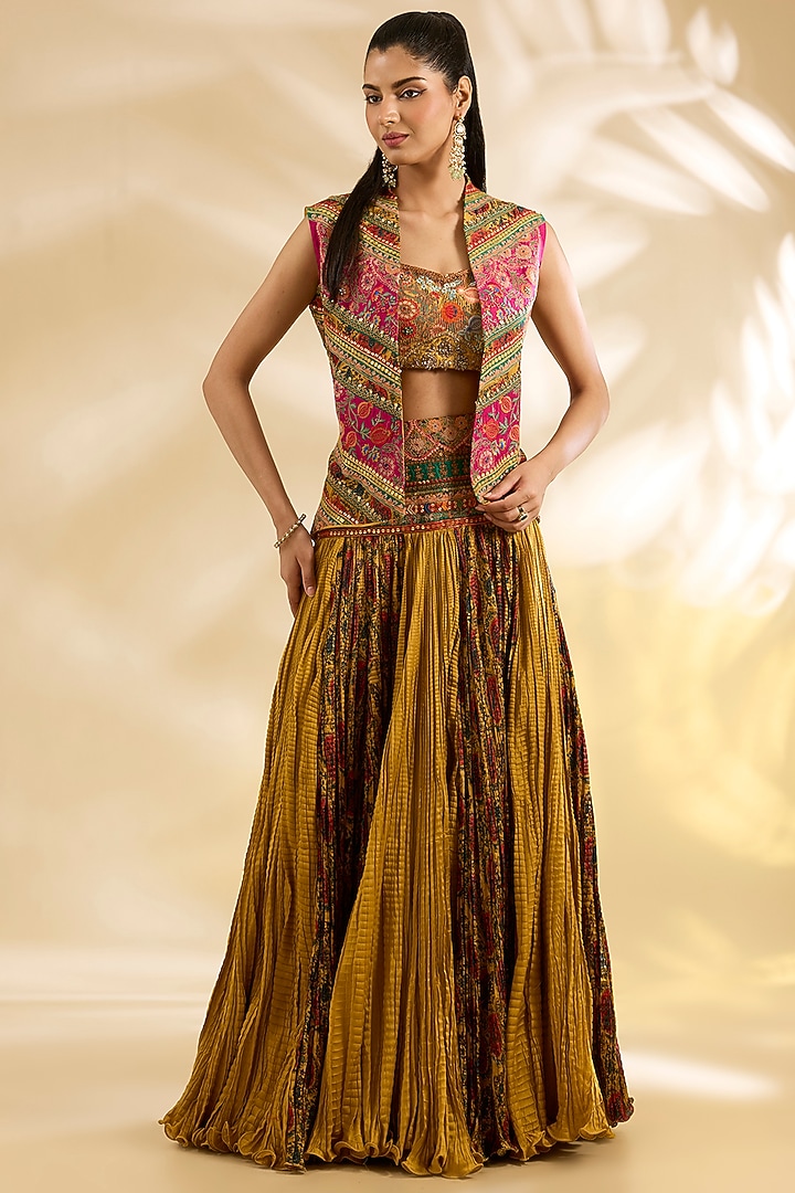 Yellow Silk Abstract Printed & Embroidered Crinkle Skirt Set by Debyani at Pernia's Pop Up Shop