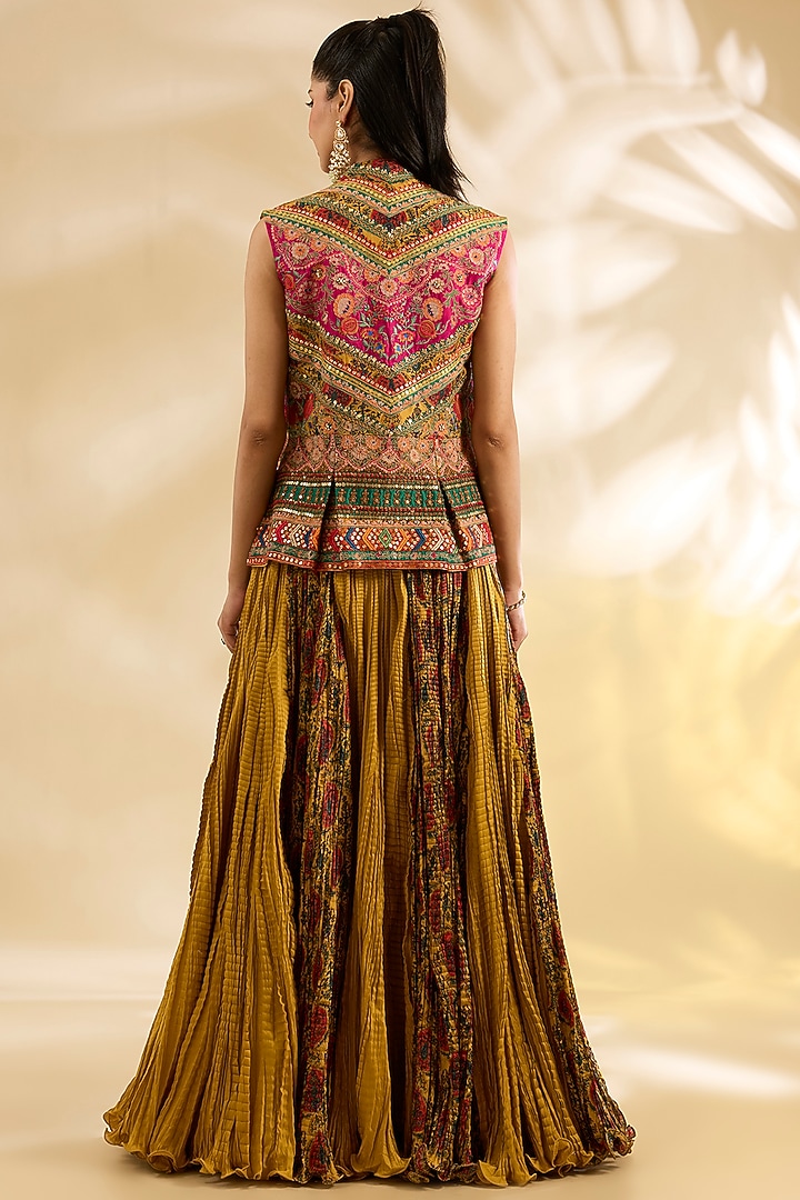Yellow Silk Abstract Printed & Embroidered Crinkle Skirt Set by Debyani at Pernia's Pop Up Shop