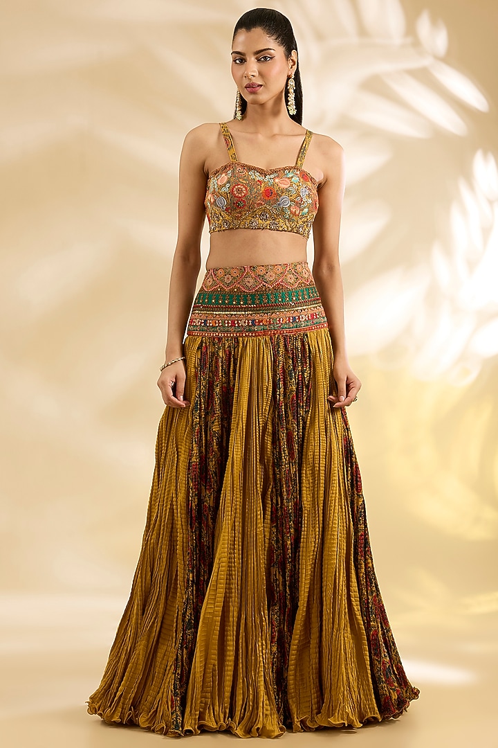 Yellow Silk Abstract Printed & Embroidered Crinkle Skirt Set by Debyani at Pernia's Pop Up Shop