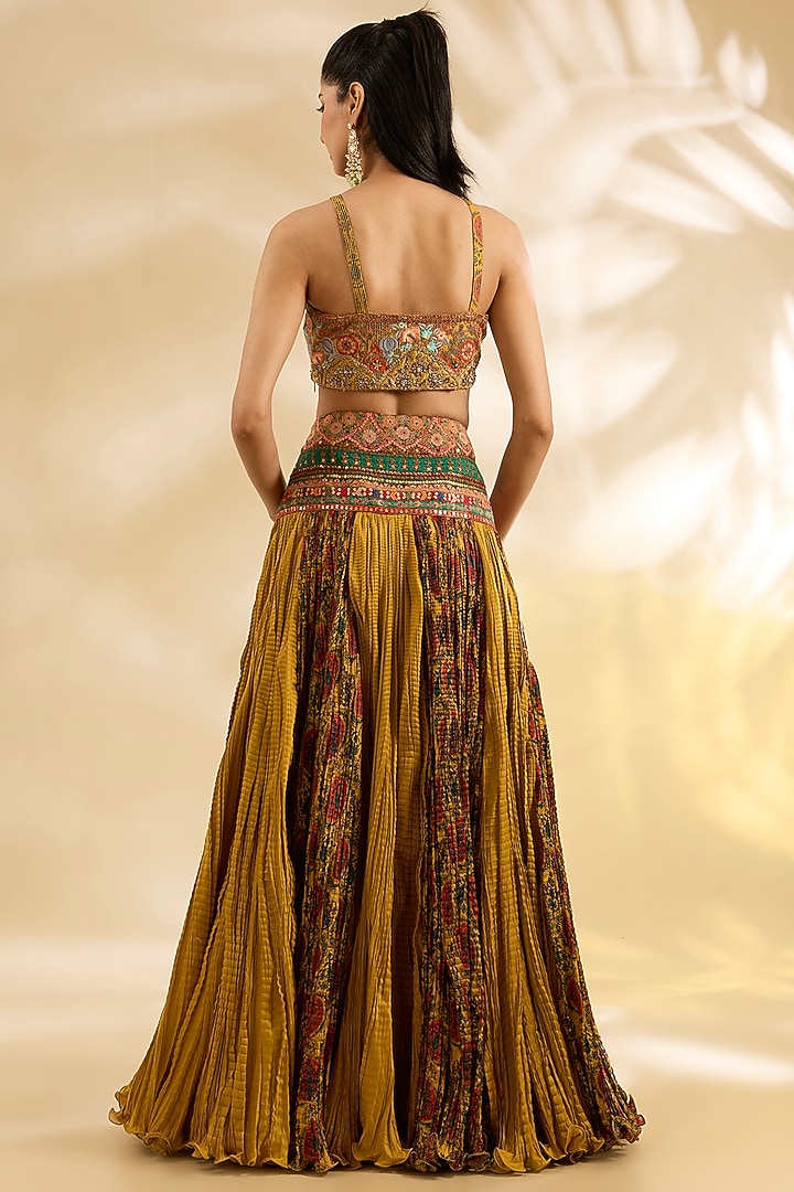 Yellow Silk Abstract Printed & Embroidered Crinkle Skirt Set by Debyani at Pernia's Pop Up Shop