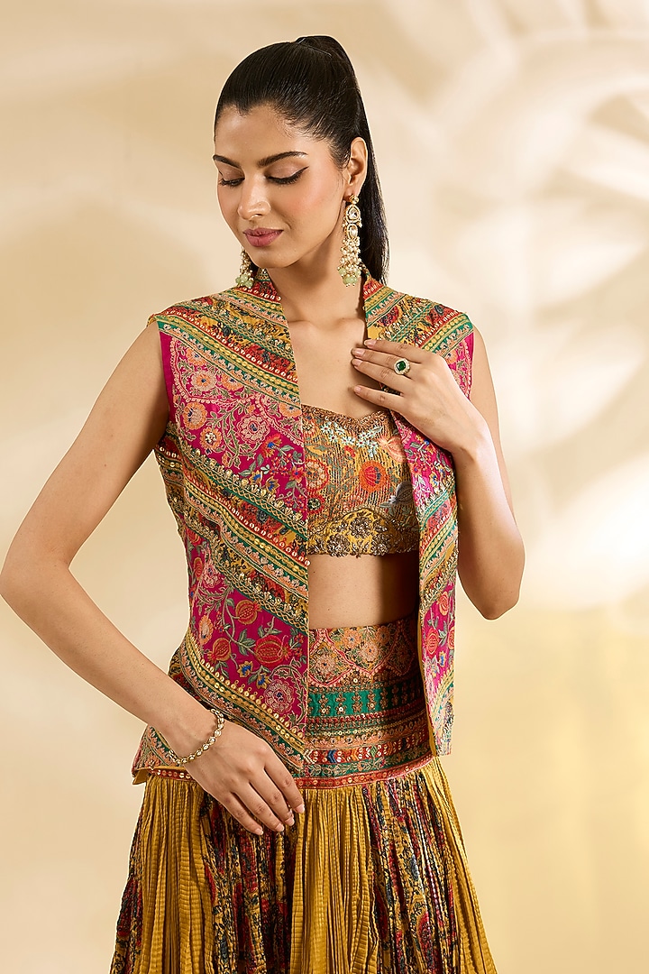 Yellow Silk Abstract Printed & Embroidered Crinkle Skirt Set by Debyani at Pernia's Pop Up Shop