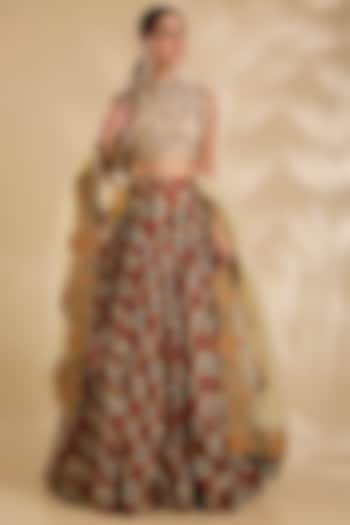 Ivory Silk & Organza Floral Printed Wedding Lehenga Set by Debyani at Pernia's Pop Up Shop