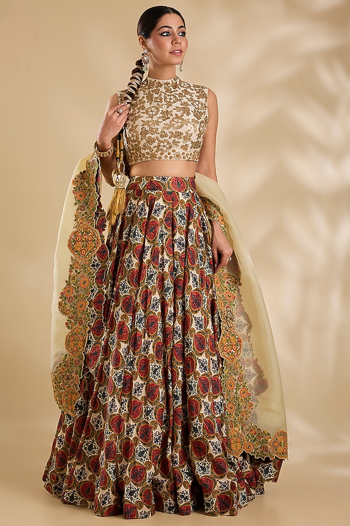 Ivory Silk & Organza Floral Printed Wedding Lehenga Set by Debyani at Pernia's Pop Up Shop