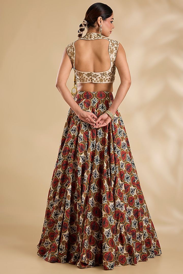 Ivory Silk & Organza Floral Printed Wedding Lehenga Set by Debyani at Pernia's Pop Up Shop