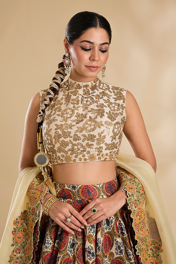 Ivory Silk & Organza Floral Printed Wedding Lehenga Set by Debyani at Pernia's Pop Up Shop