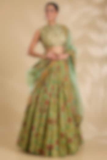 Pista Green Silk & Organza Floral Printed Wedding Lehenga Set by Debyani at Pernia's Pop Up Shop