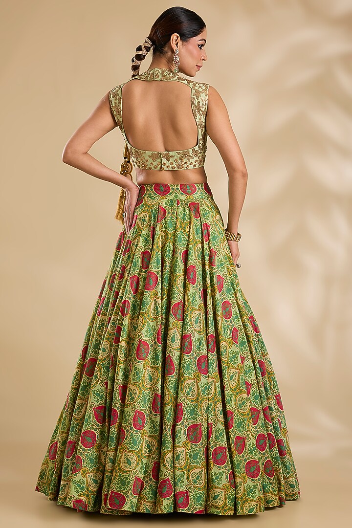 Pista Green Silk & Organza Floral Printed Wedding Lehenga Set by Debyani at Pernia's Pop Up Shop