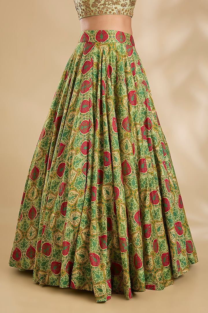 Pista Green Silk & Organza Floral Printed Wedding Lehenga Set by Debyani at Pernia's Pop Up Shop